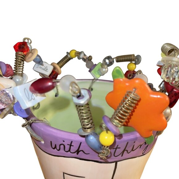 Sandra Magsamen Whimsical Ceramic Vase With Quirky Beaded Rim Mine Charms - Picture 9 of 16